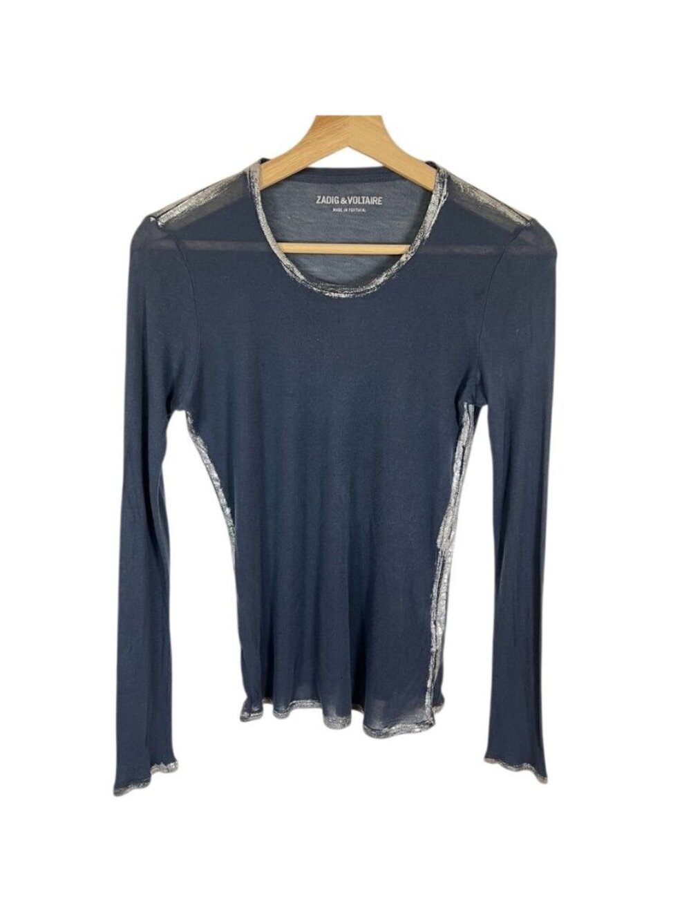 Zadig & Voltaire Willy Gold Womens Top S Navy Sheer Metallic Y2K Glam Going Out - Picture 2 of 13